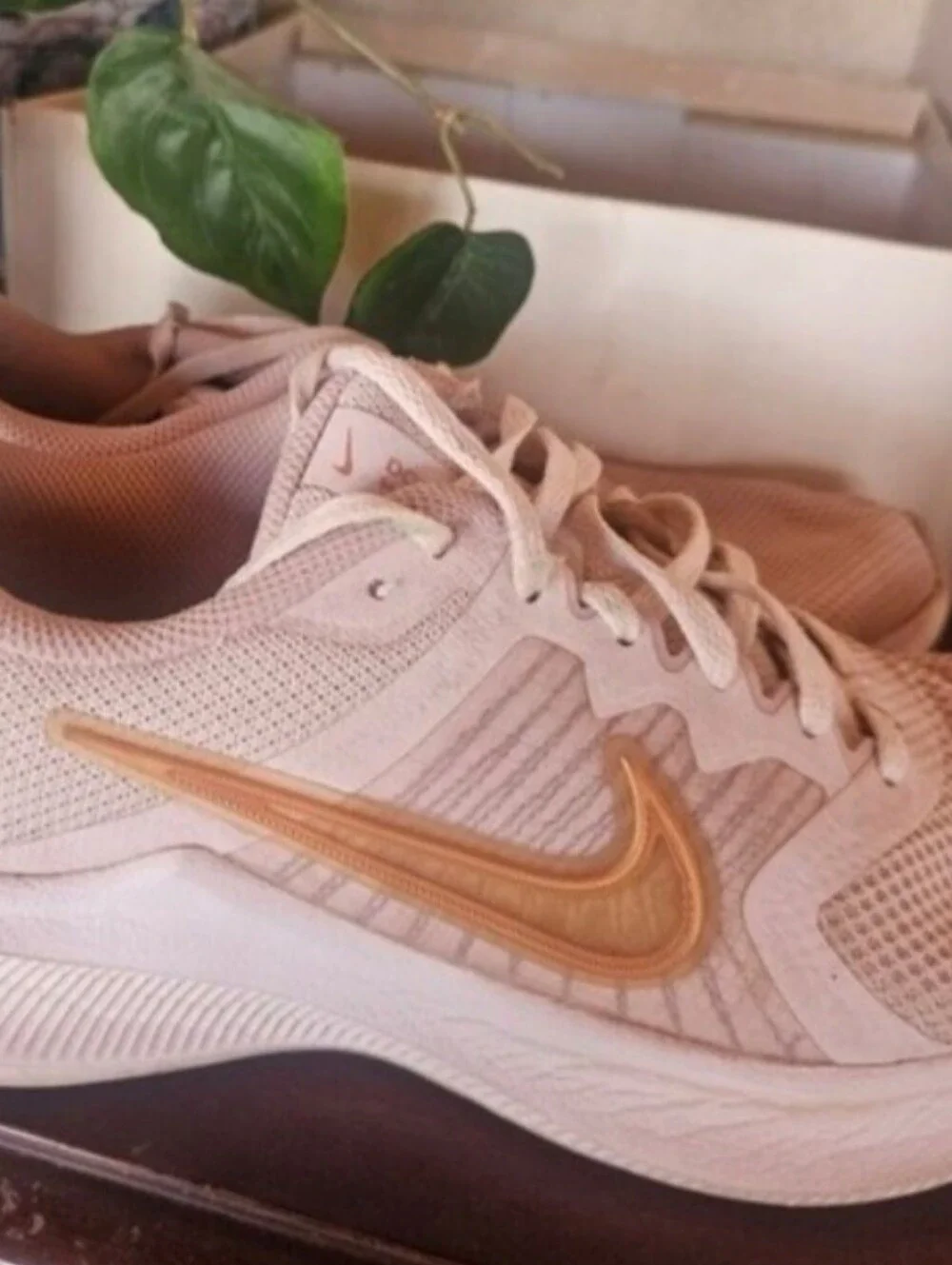 Nike Women's Pale Pink Running Sneakers with Gold Swoosh